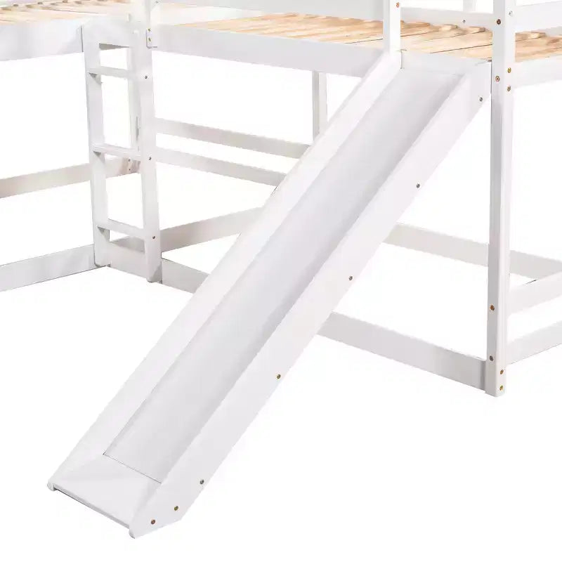 Letto a castello a L per 4 bambini, letto a castello quadruplo con scivolo, struttura in legno full e twin per cameretta dormitorio