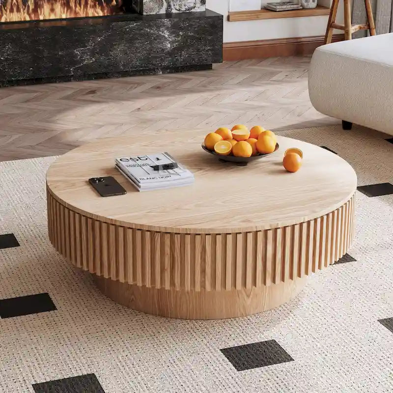 Tavolino rotondo moderno in legno massello impiallacciato con contenitore
