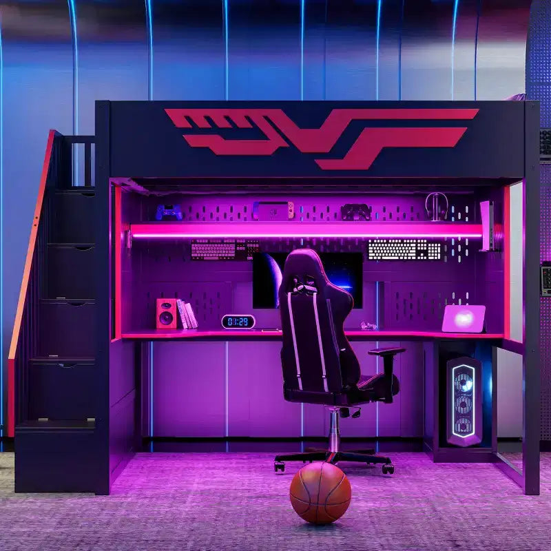 Letto a soppalco da gioco completo con scrivania e luci LED, letto a soppalco alto in legno a una piazza e mezza con scala e scala portaoggetti e USB, rosso+nero