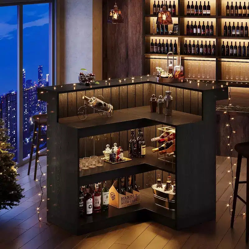 Mobile bar a L Lantine, tavolo da bar angolare a 4 ripiani con mensole e porta calici da vino per pub domestico