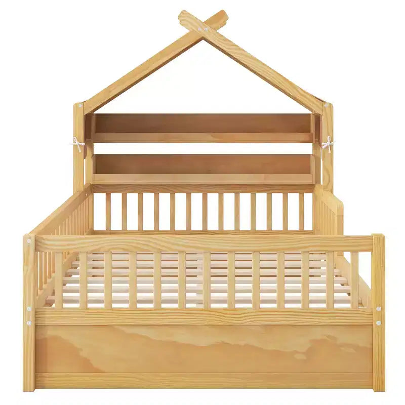 Letto a Capanna ModernLuxe per Bambini, Misura Singola/Piazza e Mezza, in Legno con Testiera Contenitore, Struttura in Pino Massiccio con Sponde di Protezione