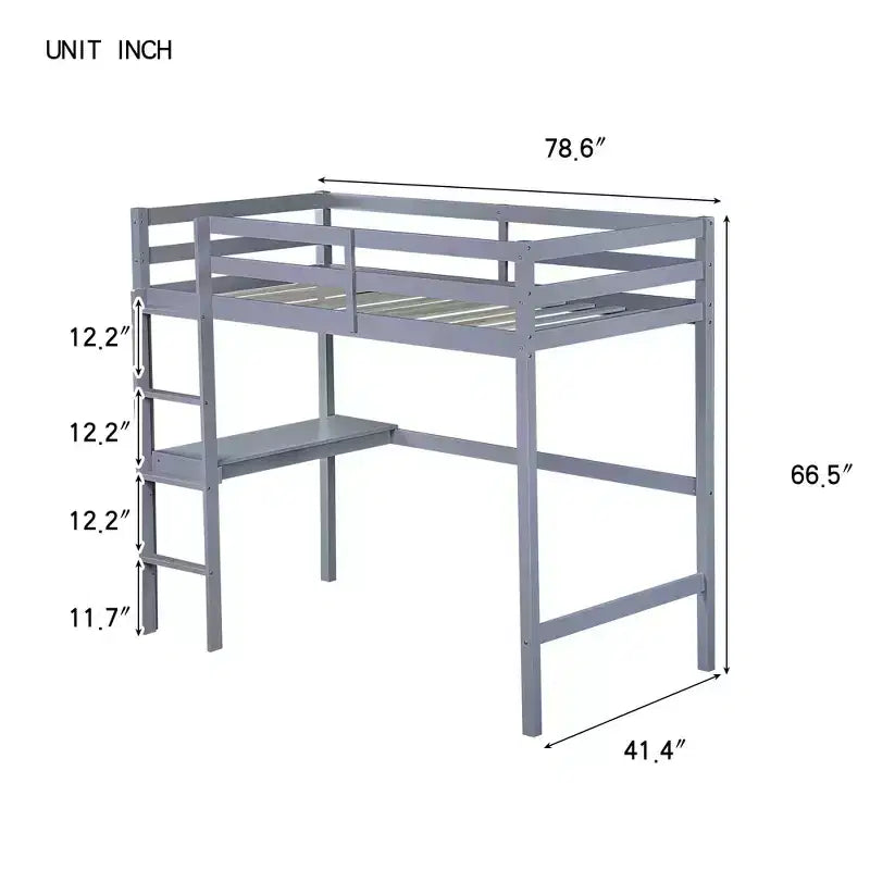 Letto a soppalco Okak Minimalism con scaletta, letto a soppalco singolo in legno di gomma con spondina di sicurezza e scrivania integrata, telai per letti per bambini, ragazzi