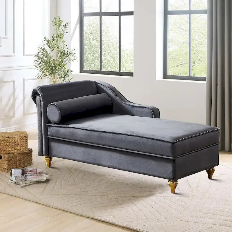 Sedia lunga da salotto francese elegante in velluto imbottito con cuscino e vano portaoggetti