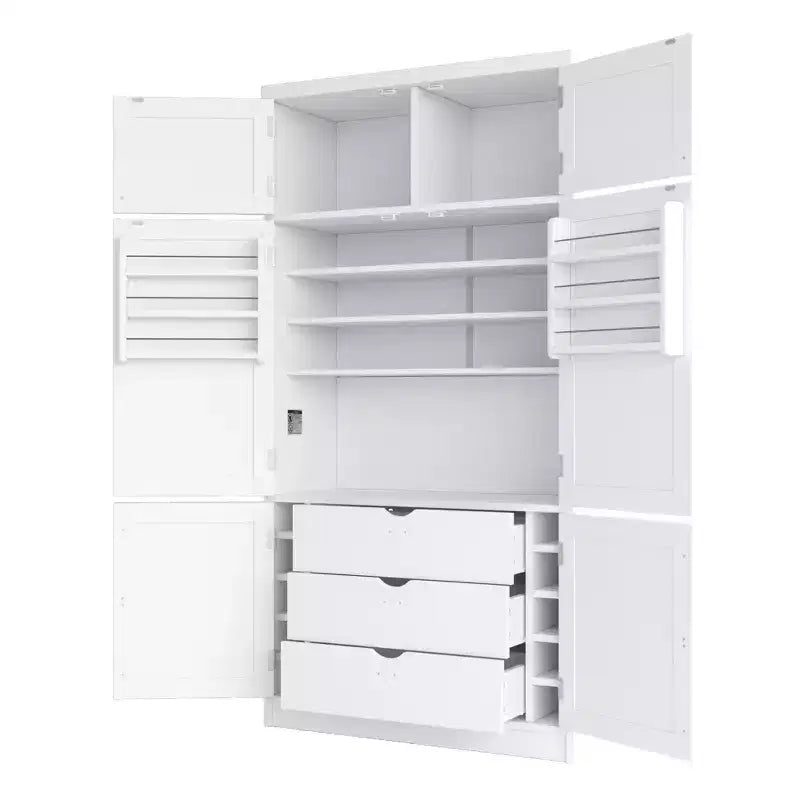 Dispensa Alta da Cucina con Prese di Corrente, Grande Credenza Autoportante con Supporto per Microonde, Cassetti, Scaffali, Portabottiglie e Ante con Ripiani
