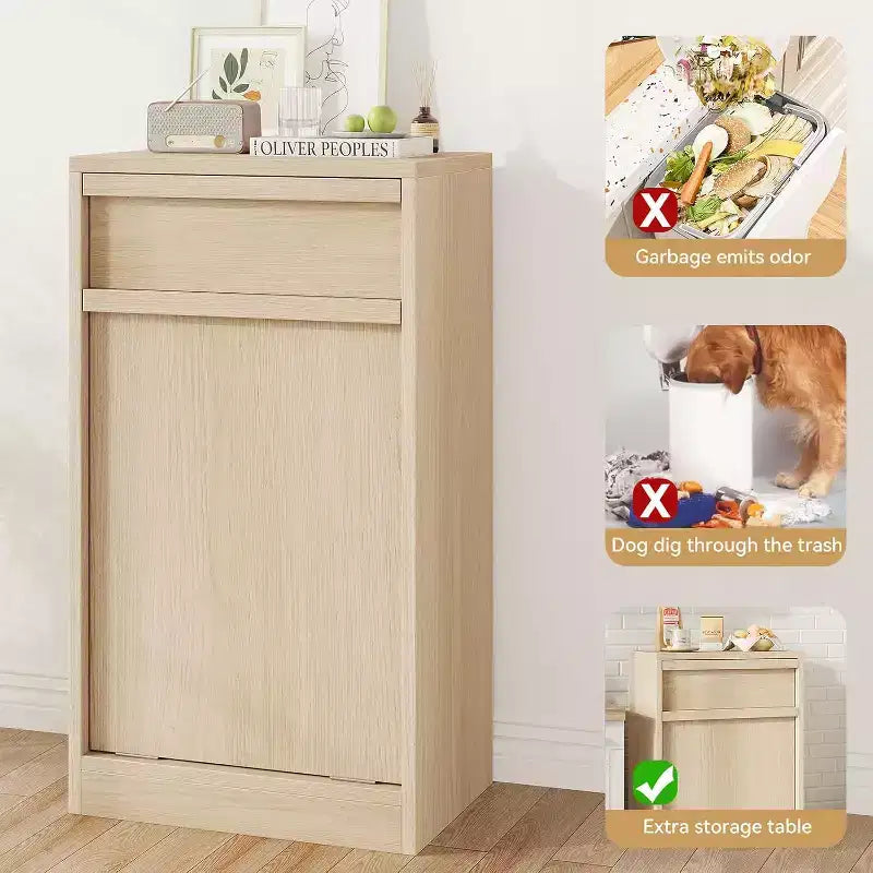 Pattumiera Inclinabile, Rovere Naturale, Pattumiera con Contenitore e Cassetto, Cestino Nascosto, Cesto Portabiancheria per Cucina, Sala da Pranzo, Soggiorno