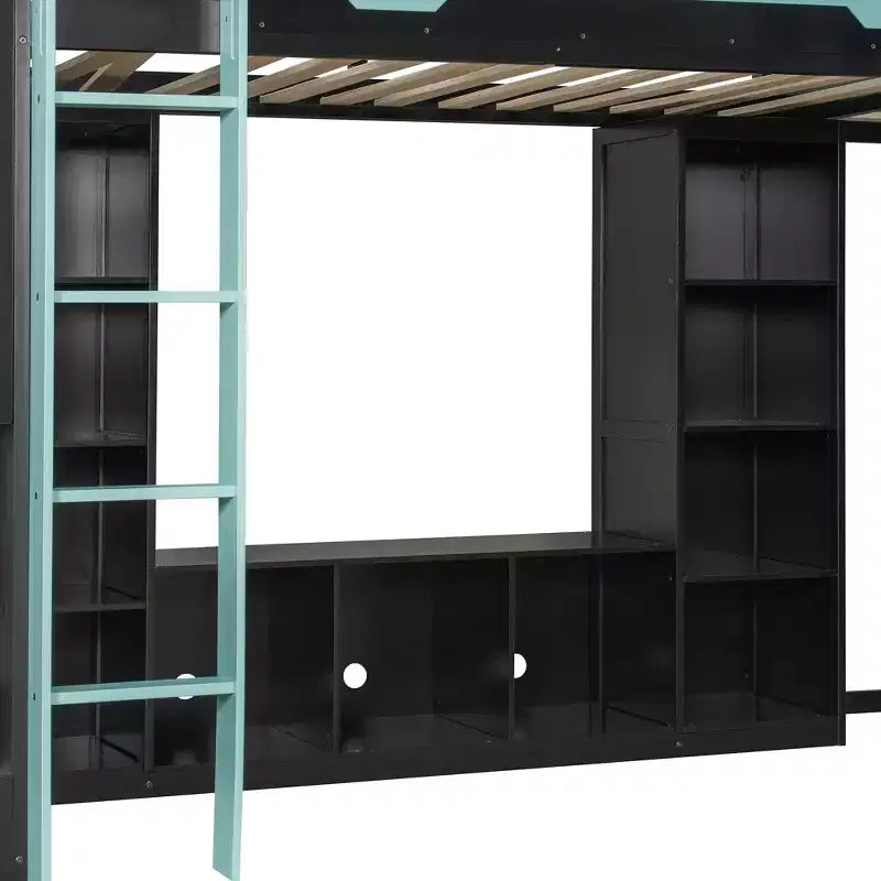 Letto a soppalco a L da gaming con scrivanie, letti a soppalco doppi con luci LED, porte USB, scaffali portaoggetti, letto a soppalco ad angolo in legno per 2