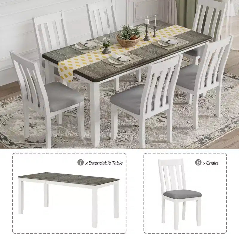 Set tavolo da pranzo allungabile da cascina per 6, tavolo rettangolare e 6 sedie imbottite