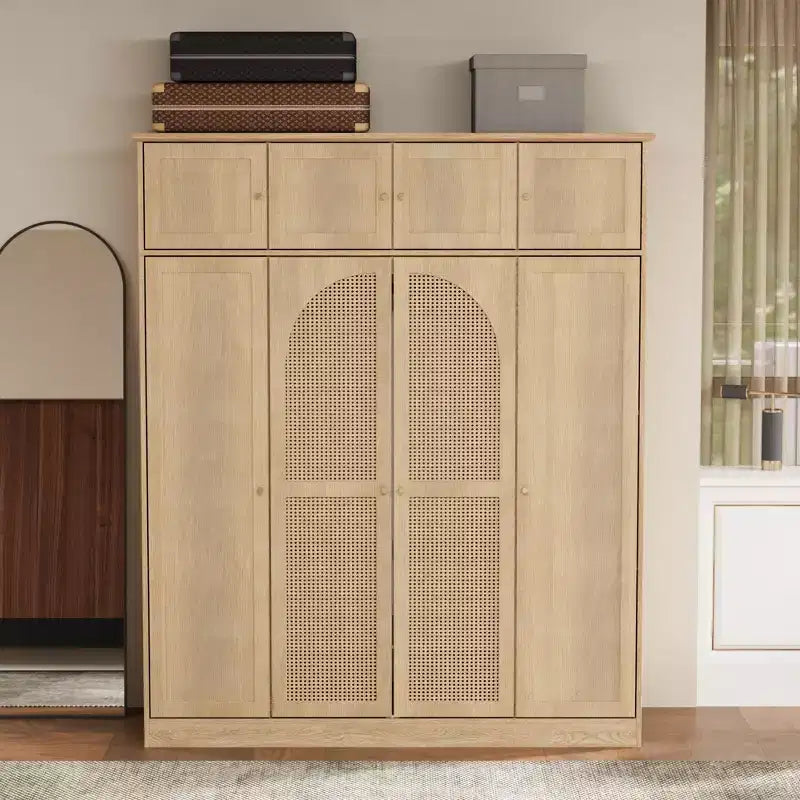 Armadio Guardaroba a 8 Ante di Grande Capacità, Alto 180 cm, con Asta Appendiabiti, Ripiani Regolabili e Ante Decorative in Rattan
