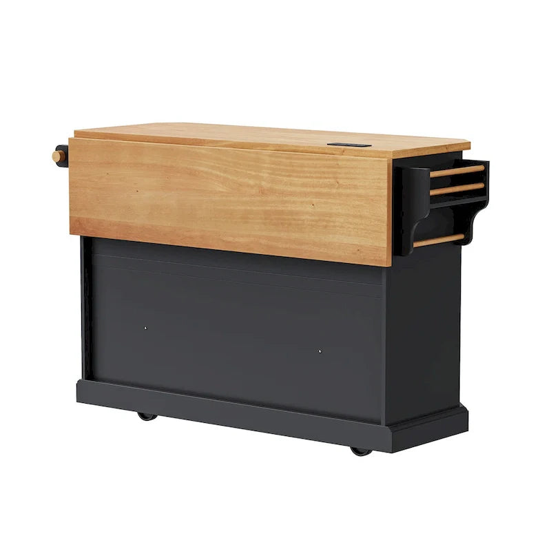 Isola Cucina Espandibile con Ante a Scomparsa, Carrello Cucina su 4 Ruote con Presa Elettrica, Tavolo Isola Mobile con 2 Ante e 6 Cassetti