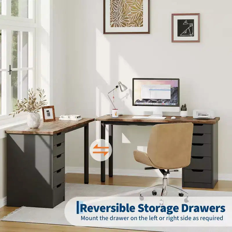Scrivania per computer da 47 pollici con 5 cassetti, tavolo da studio/scrittura moderno rustico reversibile, workstation per ufficio domestico per piccoli spazi