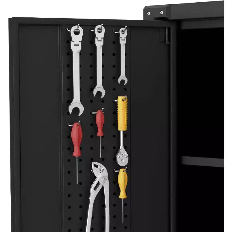 Armadietto portaoggetti da garage con ruote e pannello forato, armadio metallico con serratura alto 183 cm con 2 ante e 4 ripiani regolabili per officina o garage