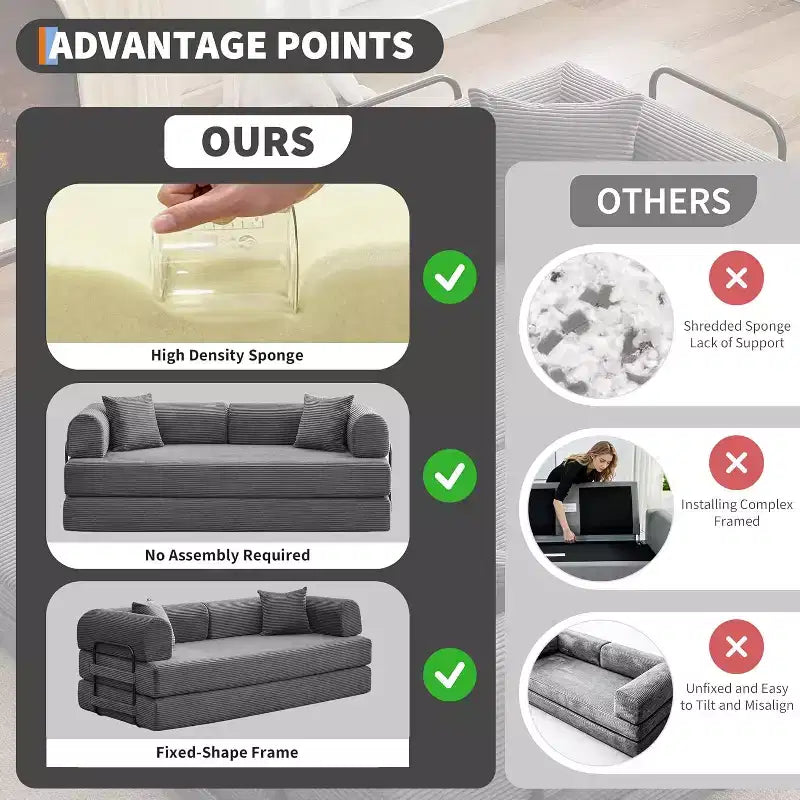Divano letto convertibile 2 in 1, comodo divano letto pieghevole in velluto a coste con seduta profonda e ampi braccioli, divano senza struttura, per soggiorno, appartamenti