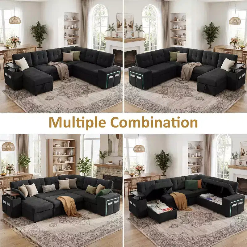 Divano letto componibile modulare Dyonery 112 con letto estraibile, divano componibile a U con contenitore, divani con seduta extra ampia e profonda per soggiorno