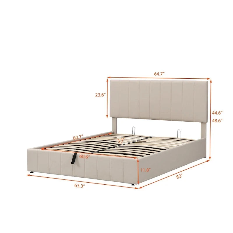 Letto imbottito Queen size con sistema di sollevamento idraulico e vano contenitore - Beige