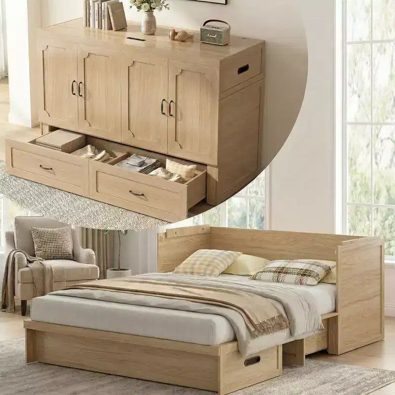 Letto a scomparsa matrimoniale Mjkone con materasso, ricarica USB, cassetti portaoggetti