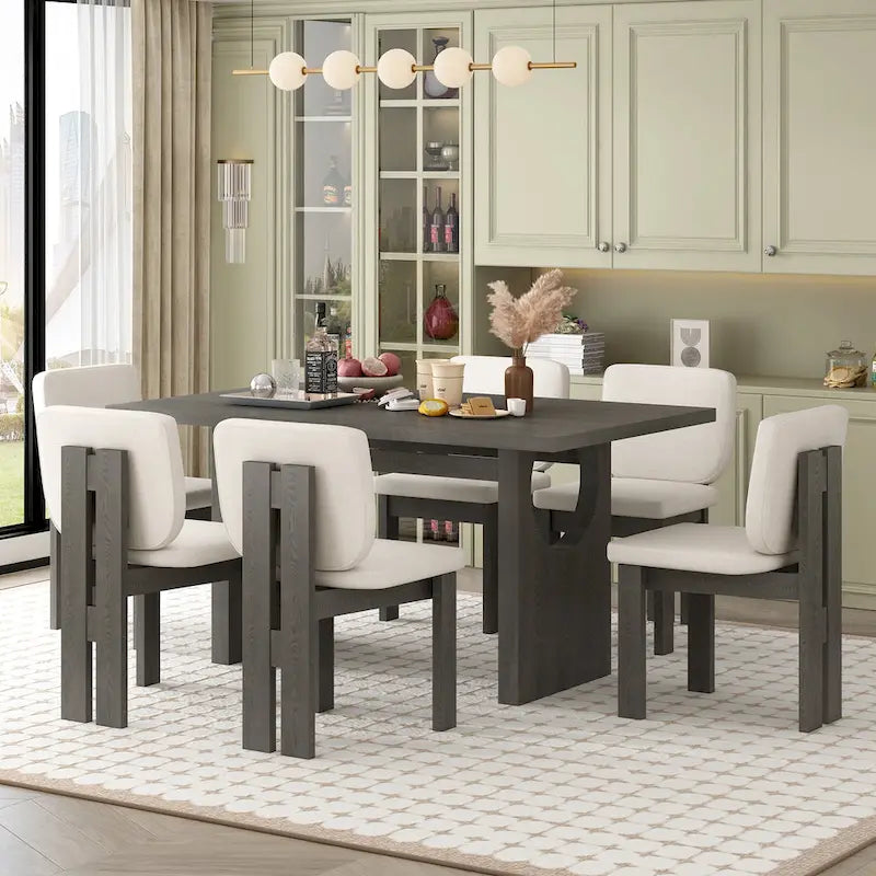 Set da pranzo transizionale in legno da 7 pezzi con tavolo rettangolare e 6 sedie