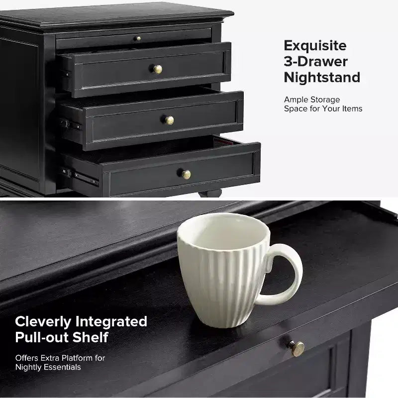 Giorgio 3 - Comodino con 3 cassetti e prese integrate, set da 2|HULALA HOME