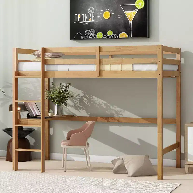 Letto a soppalco Okak Minimalism con scaletta, letto a soppalco singolo in legno di gomma con spondina di sicurezza e scrivania integrata, telai per letti per bambini, ragazzi