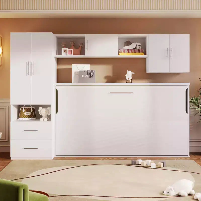 Letto a scomparsa matrimoniale, Struttura letto a parete in legno con armadio integrato, cassetti e ripiani aperti, bianco - ModernLuxe