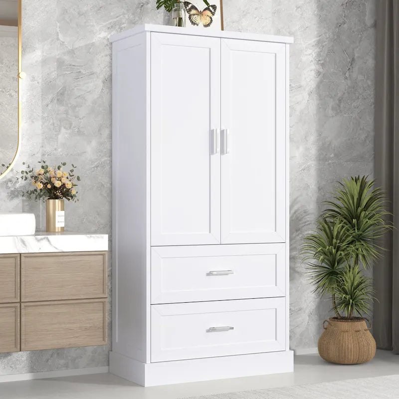 Armadietto alto da bagno, Armadietto con due ante e cassetti, Ripiano regolabile, Pannello in MDF