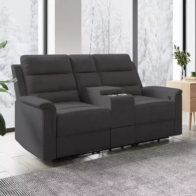 Divanetto reclinabile in tessuto tecnico beige/grigio, 2 posti, schienale e poggiapiedi regolabili