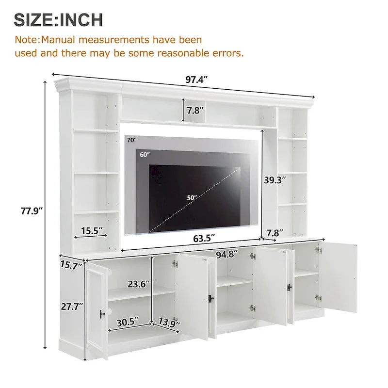 Set da parete per centro di intrattenimento a 4 pezzi con ponte per TV fino a 70 pollici, mobile TV con ripiani regolabili, console multimediale grande