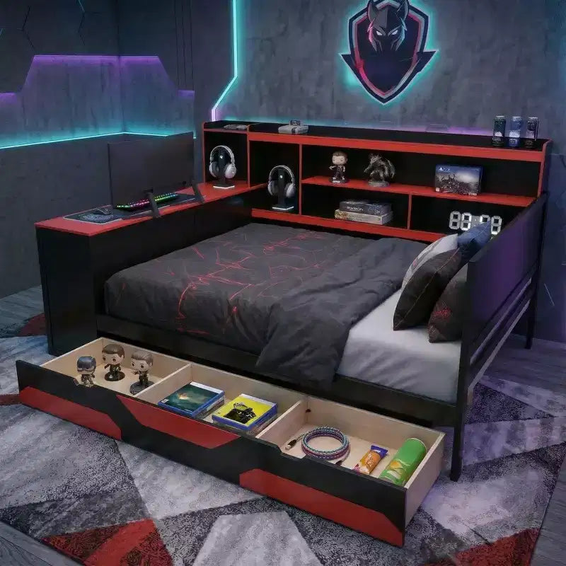 Lit de repos Gamer Hub avec bureau, lumières RGB, station de recharge, tiroirs de rangement et tête de lit bibliothèque
