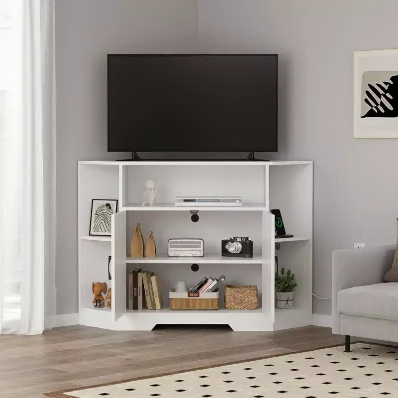 Mobile porta TV ad angolo per televisori fino a 55", console multimediale stile rustico con anta scorrevole a granaio, ripiani aperti e mobiletto, bianco