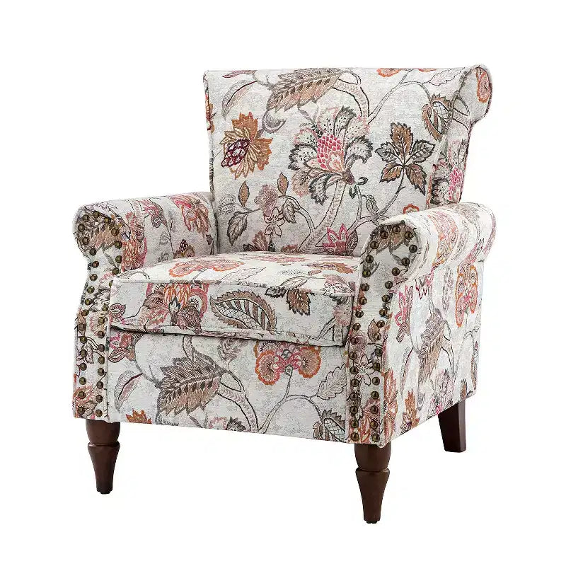 Fauteuil en bois traditionnel Araceli, rembourré à motifs floraux, avec dossier à oreilles et garniture cloutée | ART OF LIVING DESIGNS