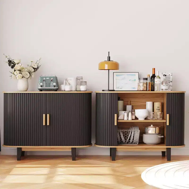 Mobile credenza a coste da 40'', armadio contenitore con anta scorrevole e ripiano regolabile, credenze moderne, mobile bar a serrandina