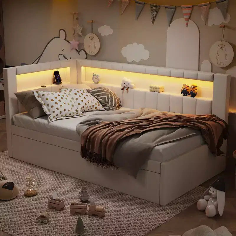 Letto da Giorno Twin/Full con Letto Estraibile e Testiera a Libreria a L, Letto Angolare Imbottito in Lino con Ripiani Portaoggetti e Cinghia a LED