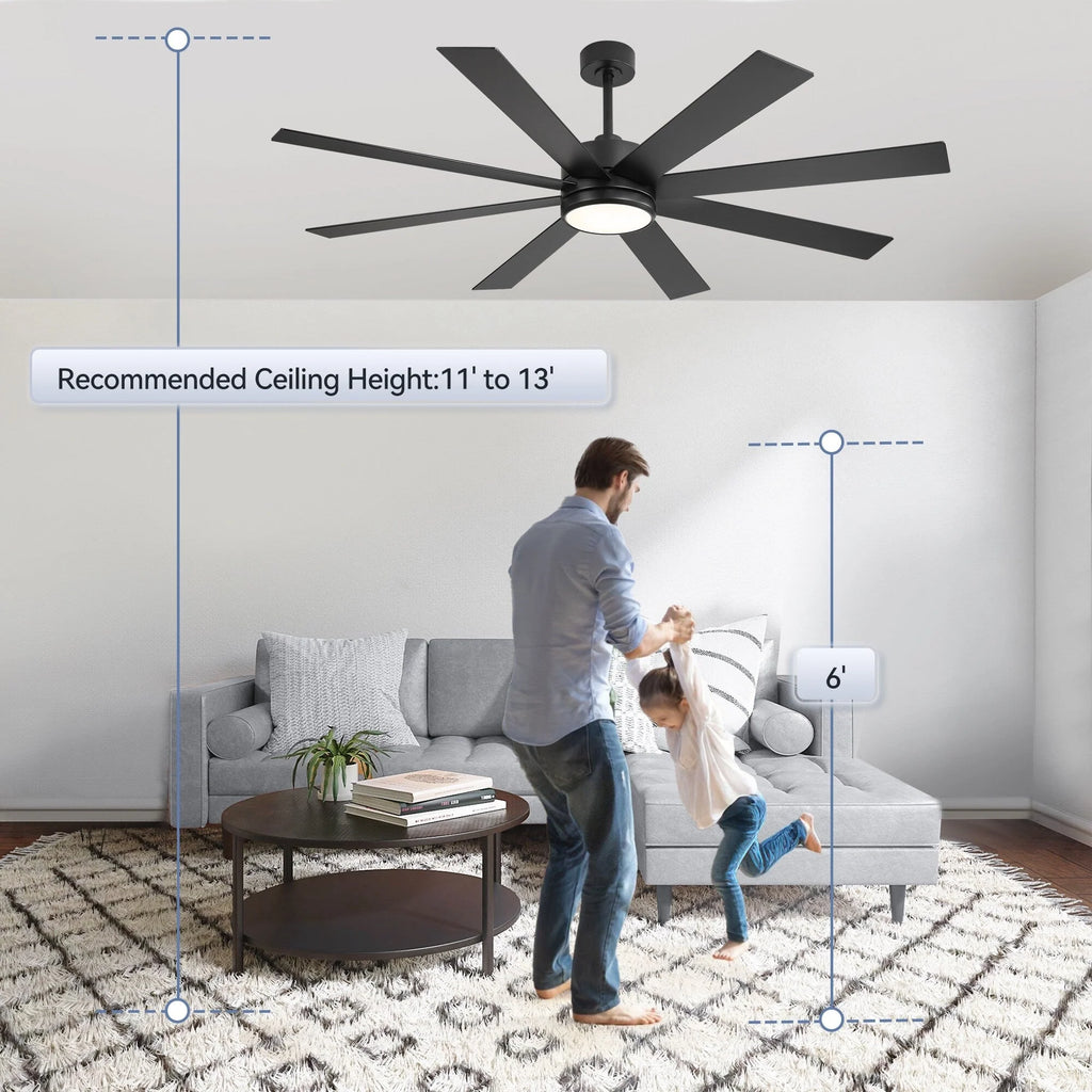 Ventilatore da soffitto nero da 65 pollici a 8 pale con luce LED e telecomando