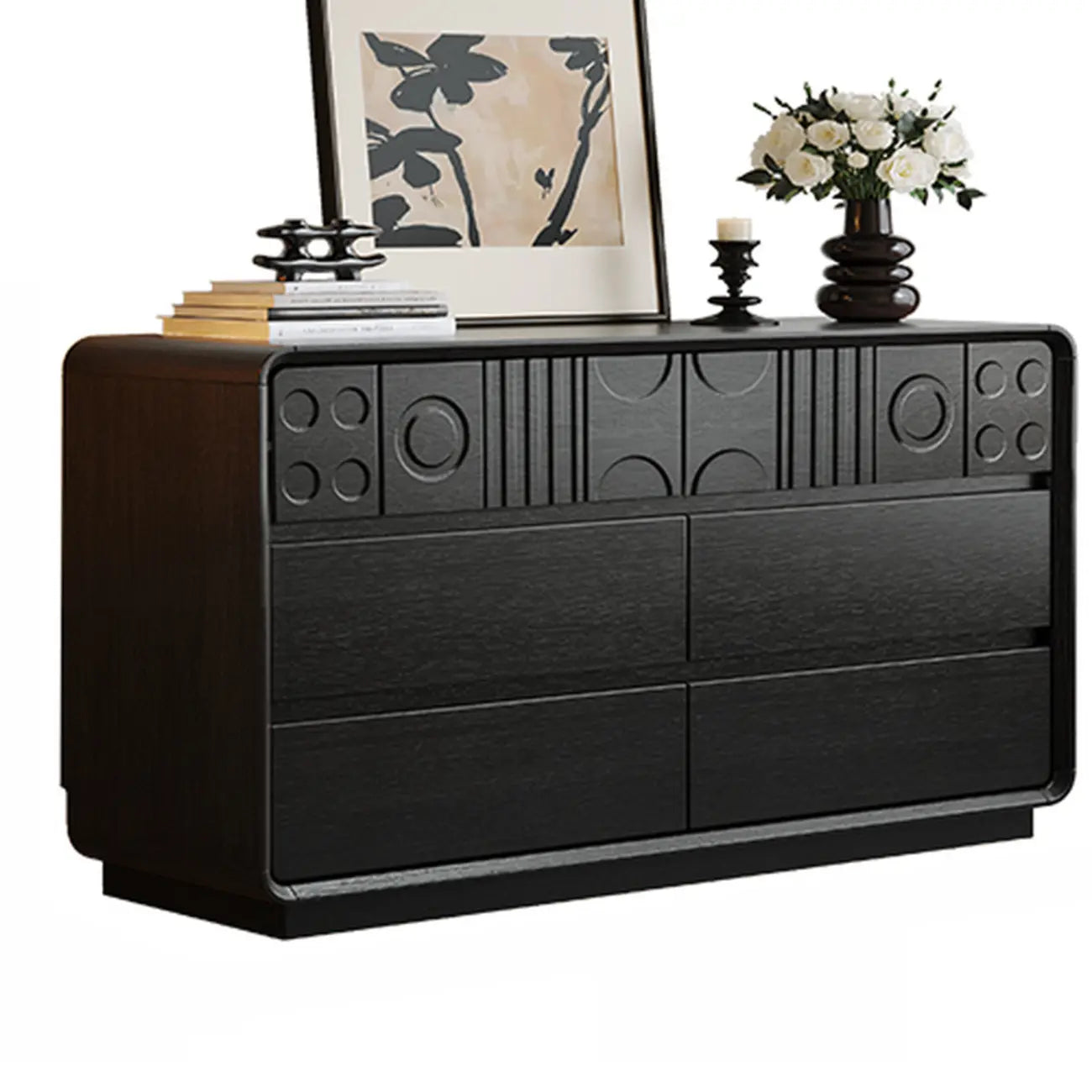 Cassettiera in legno ispirata all'Art Déco con intagli geometrici