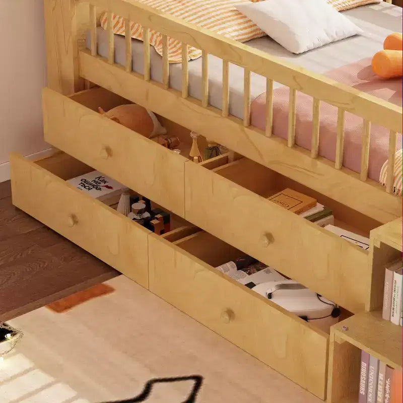 Letto a soppalco basso Whisen con luci a LED, testiera a forma di casetta e cassetti portaoggetti, struttura solida