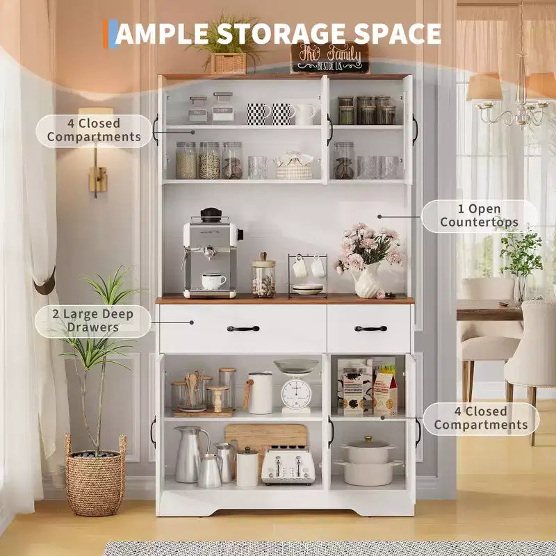 Mobile dispensa da cucina da 71" con stazione di ricarica, ampio piano di lavoro, supporto per microonde e 2 cassetti, mobile contenitore per sala da pranzo e soggiorno