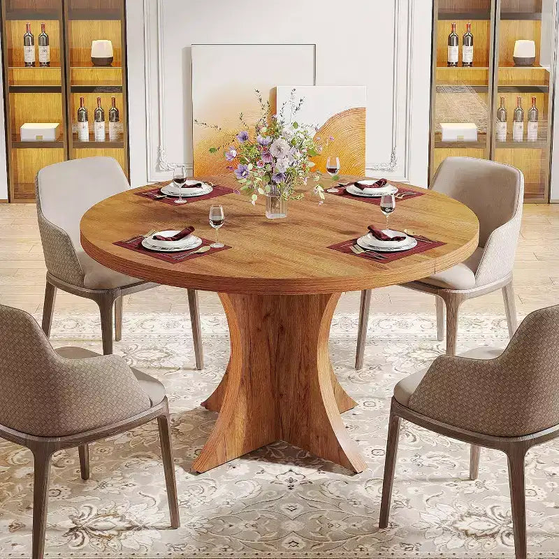 Lantine Tavolo da Pranzo Rotondo da 120 cm per 4-6 persone, Tavolo da Cucina Stile Rustico con Base a Piedistallo, Tavolino da Pranzo per Sala da Pranzo, Soggiorno, Marrone