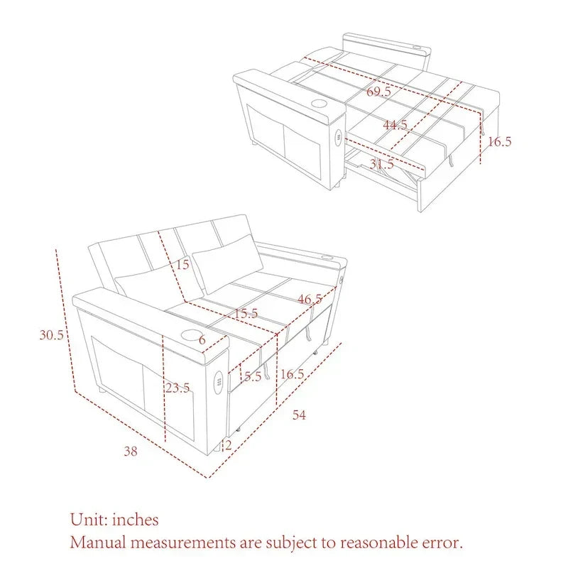 Divano Letto Estraibile 54", Divano Reclinabile 2 Posti con Contenitore, Cuscino Lombare, Presa USB