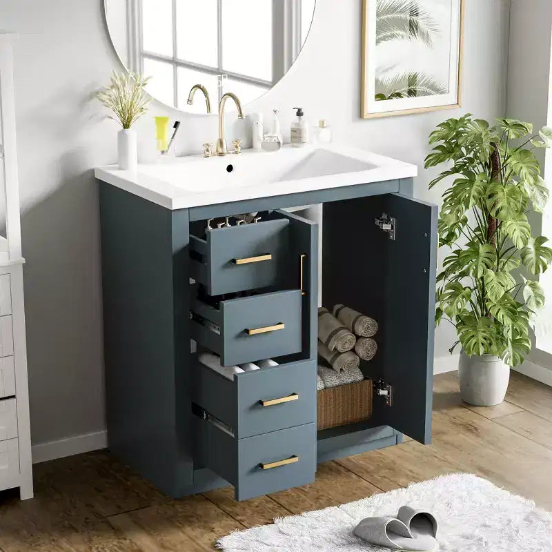 Mobile bagno 30 pollici con lavabo singolo, armadietto e 3 cassetti – Nero / Blu / Verde / Indaco / Bianco