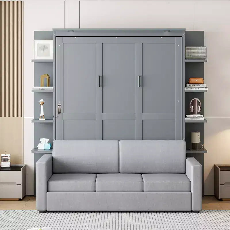 Letto a scomparsa Queen Murphy con divano, letto a scomparsa Queen Size con armadio, letto a parete pieghevole con libreria e mensole per camera degli ospiti o ufficio