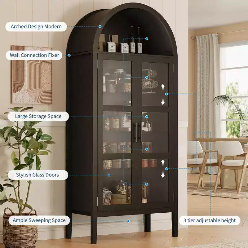 Mobile Contenitore, Nero/Bianco, Stile Arco, Singolo, Alto 71 con Luci a LED e Ante in Vetro
