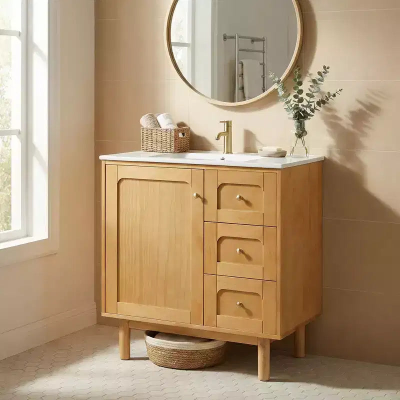 Mobile lavabo JVNOXK da 30 pollici, rustico e moderno, in ceramica, con 3 cassetti e 1 anta grande con chiusura ammortizzata, mobile contenitore, venatura del legno naturale