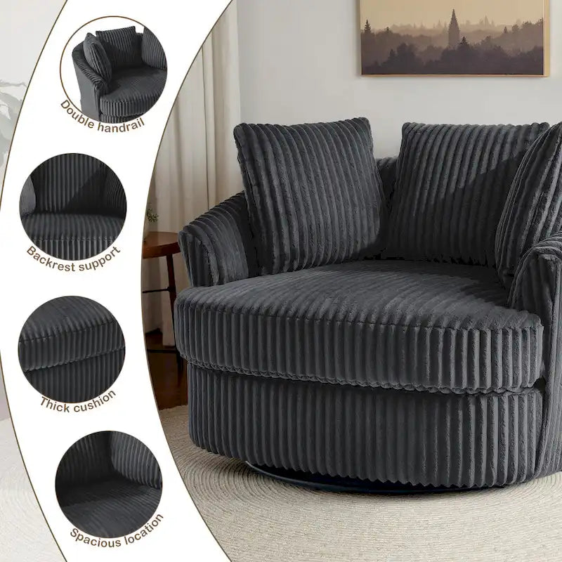 Set di 2 Poltrone Girevoli a Barilotto Oversize da 43" in Velluto a Coste Felpato con Cuscini