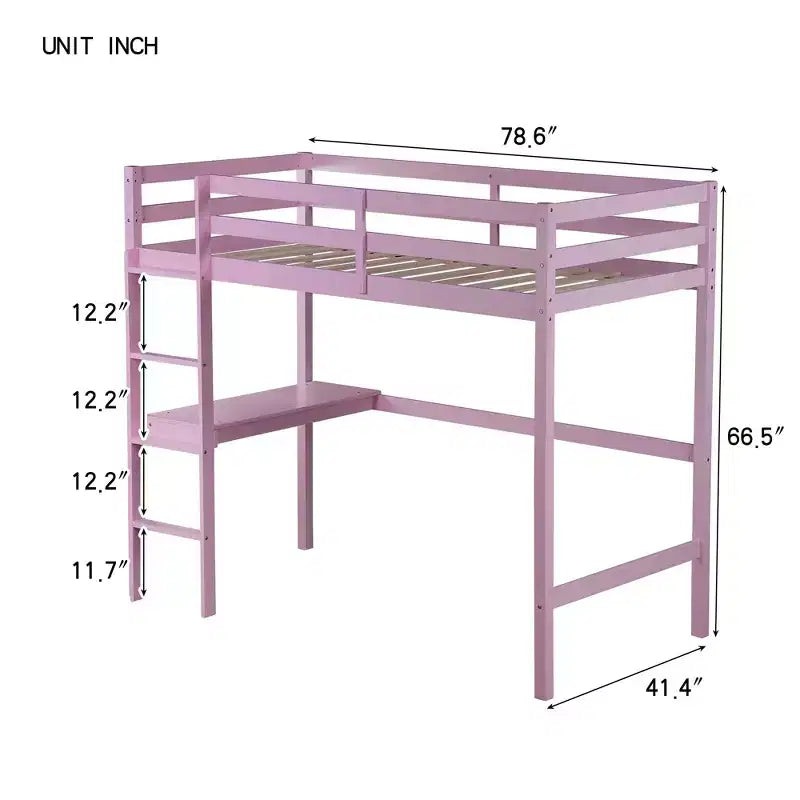 Letto a soppalco Okak Minimalism con scaletta, letto a soppalco singolo in legno di gomma con spondina di sicurezza e scrivania integrata, telai per letti per bambini, ragazzi