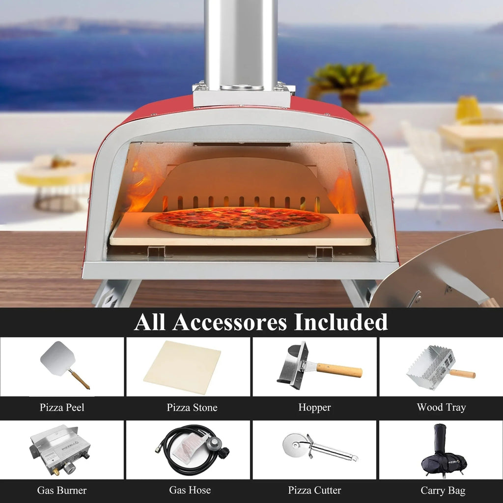 Forno per pizza da esterno multifuel per pizza con bruciatore a gas e contenitore per legna - 12 pollici