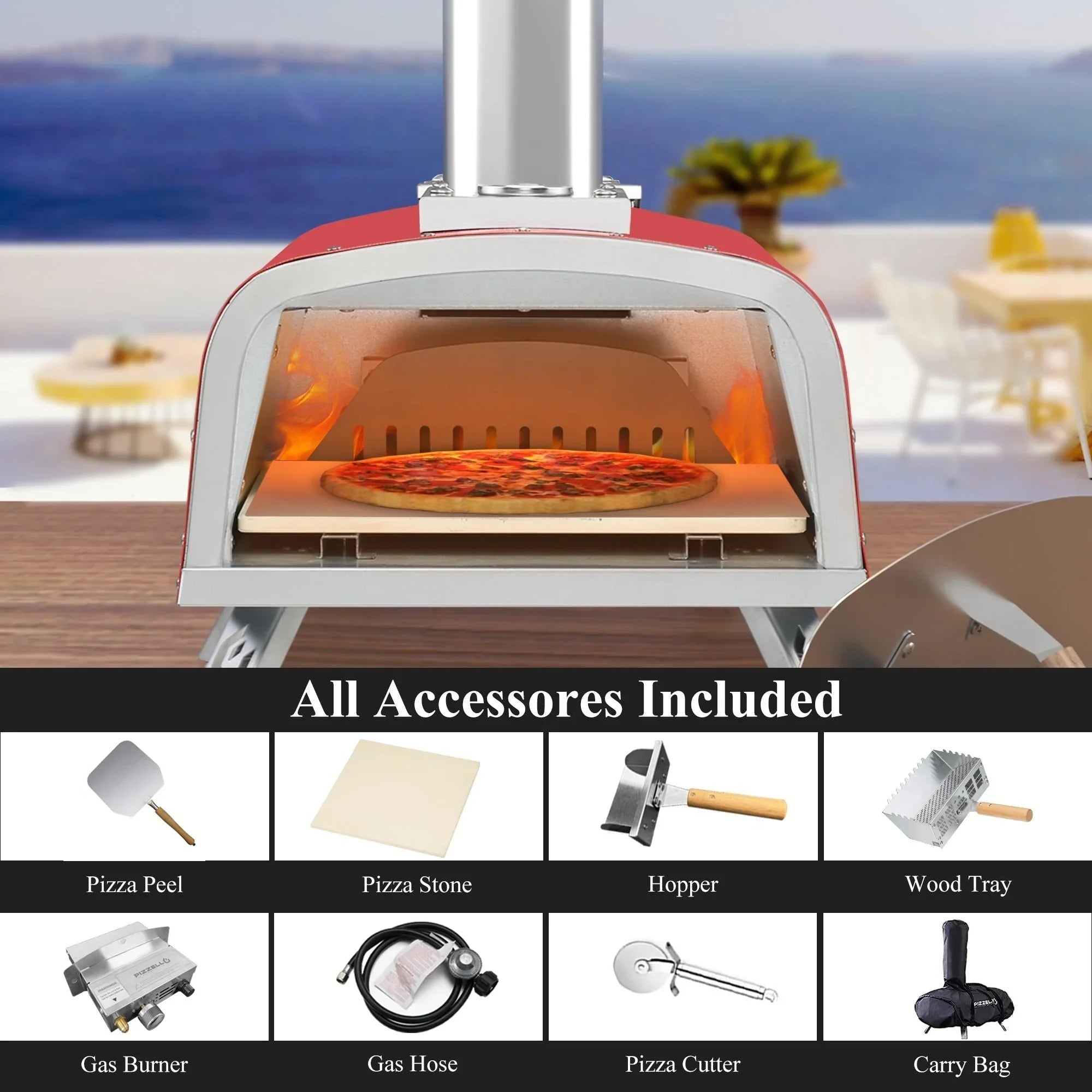 Forno per pizza da esterno multifuel per pizza con bruciatore a gas e contenitore per legna - 12 pollici