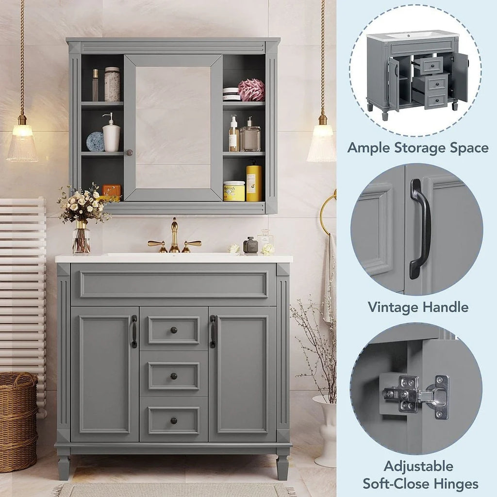 Mobile Bagno Moderno da 90cm con Lavabo Integrato e Specchiera, 2 Ante e 2 Cassetti