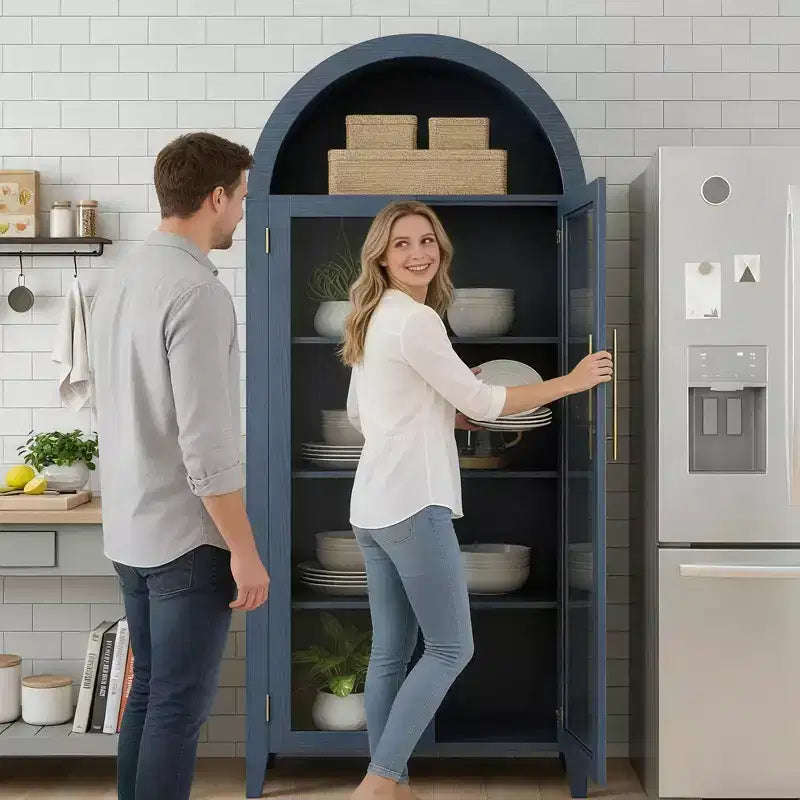 Mobile Contenitore Alto Ad Arco con Ante in Vetro, Libreria Espositiva a 5 Ripiani con Mensole Regolabili per Cucina o Soggiorno