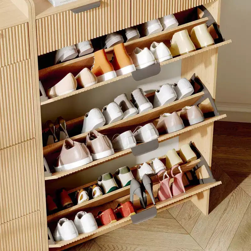 Moderna scarpiera bianca con 3 cassetti a ribalta e 2 cassetti piccoli e gancio, porta scarpe sottile scanalato, mobile stretto per ingresso
