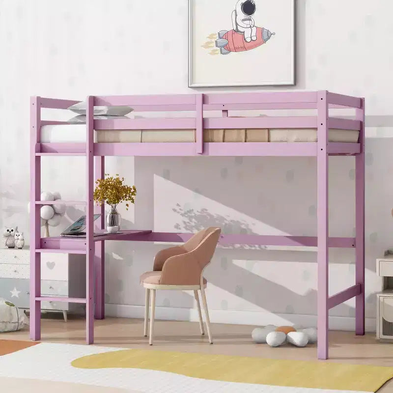 Letto a soppalco Okak Minimalism con scaletta, letto a soppalco singolo in legno di gomma con spondina di sicurezza e scrivania integrata, telai per letti per bambini, ragazzi