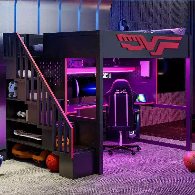 Letto a soppalco da gioco completo con scrivania e luci LED, letto a soppalco alto in legno a una piazza e mezza con scala e scala portaoggetti e USB, rosso+nero